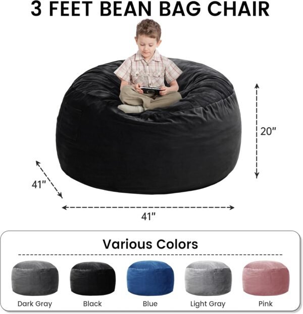 Kromax 3.5 Foot Memory Foam Bean Bag Chair, for Adults, Teens, Kids, Washable Comfy Velvet Suede Cover, Ideal for Dorm, Bedroom, Living Room, Black - Image 2