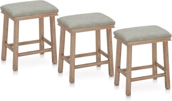 MAISON ARTS Counter Height 24 inch Bar Stools Set of 3 for Kitchen Counter Solid Wood Legs with Faux Leather Padded Seat Farmhouse Barstools for 34"-38" Counter Island Upholstered Stools, Grey + Wood - Image 5