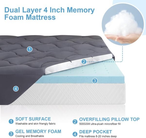 MUUEGM Dual Layer 4 Inch Memory Foam Mattress Topper Queen Size,3 Inch Gel Memory Foam Plus 1 Inch Cooling Pillow Top Cover with 8-21 Inch Deep Pocket, Mattress Pad for Back Pain,Grey - Image 5