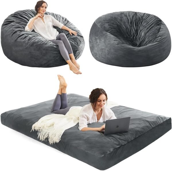 Bean Bag Chairs for Adults - Giant Bean Bag Chair Convertible Bean Bag Bed - Beanbag Chair with Removable Cover/Bean Bag Couch Sofa - Foam Filler Furniture in Bedroom Dorm Room - 5Ft Grey