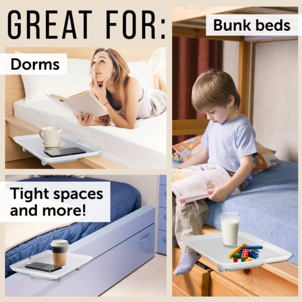 Maplefield Universal Bed Shelf - Clip-On Nightstand - Bedside Caddy for Bed - Great for Bunk Beds, Dorms, Small Spaces, and More - Holds Up to 60 LBS - 12” x 16 [White] - Image 5