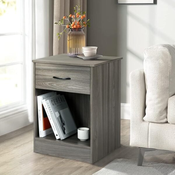 VOWNER 2 PCS Grey Nightstand with Drawer and Storage Shelf, Bedside Table End Tables, File Cabinet Storage with Sliding Drawers and Shelf for Bedroom - Image 7