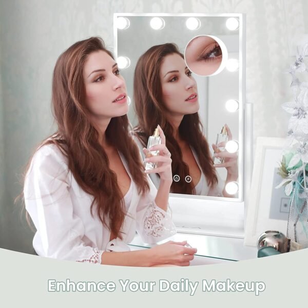 Lighted Makeup Mirror, MILLA Hollywood Makeup Mirror with 12 Bulbs and Smart Touch Control, 3 Color Light Modes, Detachable 10X Magnification, 18.5" x 14.3", White - Image 4