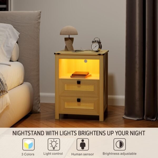 Nightstand with Charging Station, Farmhouse Night Stand with 2 Drawers for Bedroom, Smart Bedside Table with 3 Color LED Light and Human Sensor, Wood Rustic End Side Table, Natural - Image 4