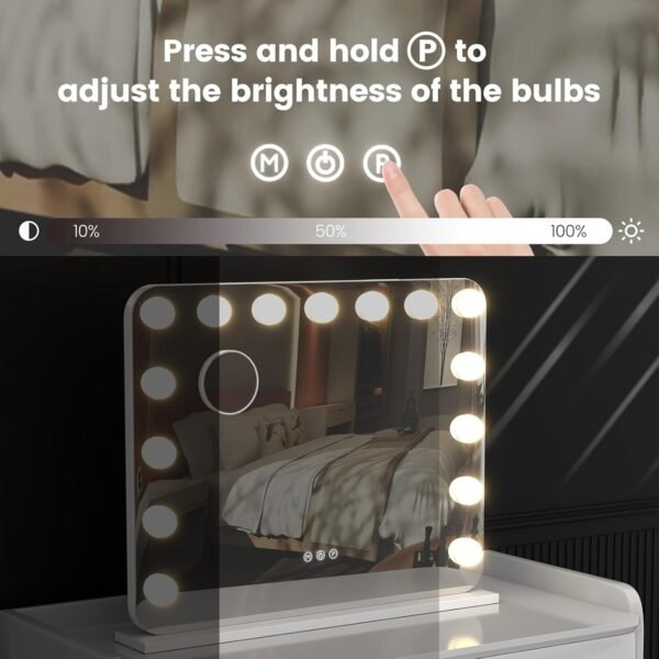 Vanity Mirror with Lights, 23"×18" Hollywood Vanity Mirror with Lights 15 Dimmable LED Bulbs, 3 Color Modes, 10X Magnification, USB Charging Port, Tabletop or Wall-Mounted (White, 23 * 18) - Image 3