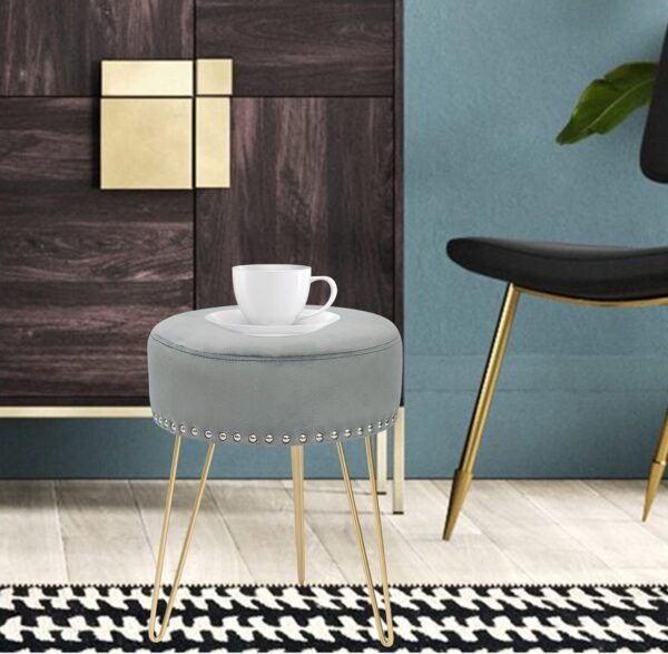 Adeco Round Grey Vanity Stool Chair, Upholstered Makeup Foot Stool Rest Ottoman with Gold Metal Legs for Makeup Room, Living Room - Image 4