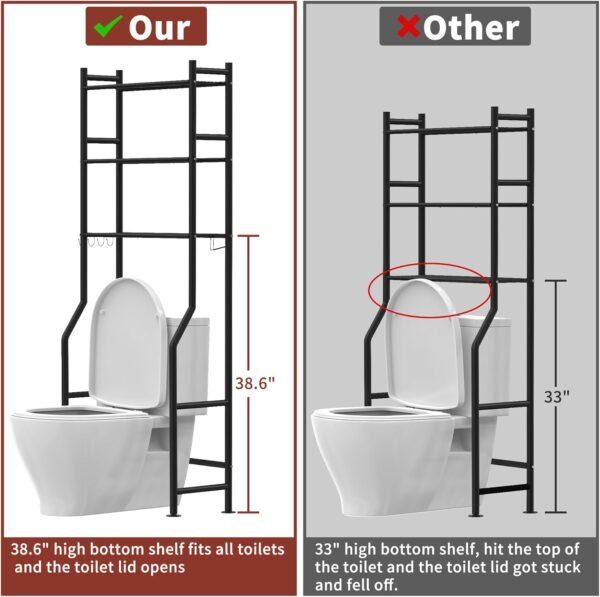 3 Tier Over The Toilet Storage Rack with 2 Basket, Metal Freestanding Bathroom Shelves Toilet with Paper Holder and 4 Hooks, Over Toilet Storage Shelf for Bathroom Storage, Black - Image 6