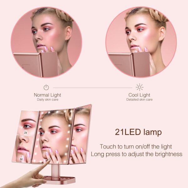 HUONUL Makeup Mirror, 10x3x2X Magnification, Lighted, Touch Control, Trifold, Dual Power Supply, Portable LED, Women Gift - Image 2
