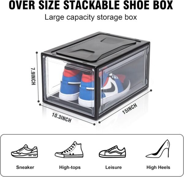 12 Pack Shoe Boxes, Clear Acrylic Plastic Shoe Boxes Stackable, Space-Saving Foldable Drop Front Shoe Storage Boxes Container for With Lids Fits Up to Size 15 (Dark Black) - Image 2