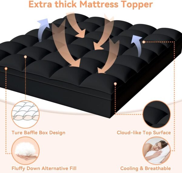Twin XL Mattress Topper for Back Pain, Extra Thick Pillow Top Mattress Pad Cover with 8"-21" Deep Pocket, Soft Mattress Protector Filled Down Alternative for College Dorm (Black, Twin XL) - Image 2