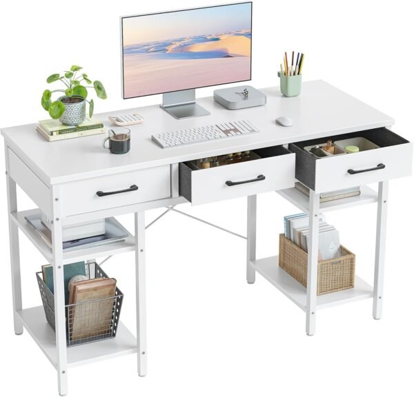 CubiCubi 47 Inch Computer Desk with 3 Drawers and Storage Shelves, Small Home Office Desk, Study Writing Gaming Table, Small Desk for Bedroom, White