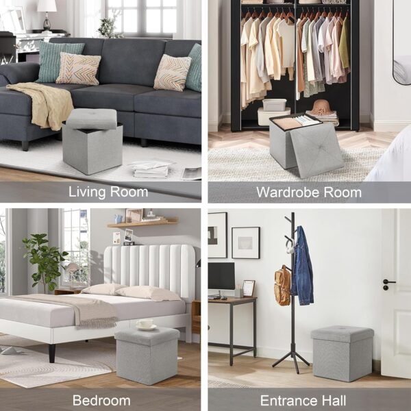 VECELO Storage Ottoman, 11.8'' Folding Footstools, Multipurpose Foot Rest Stool, Foldable Linen Fabric Ottomans, Small Square Ottoman Cube for Living Room/Bed Room/Dorm, Grey - Image 6