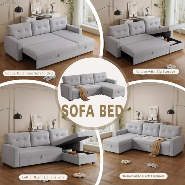 L-Shape Sleeper Sectional Sofa 82inch Convertible Lounge Pull Out Couch Bed with Storage Chaise and Tufted Linen Backrest for Home Living Room Apartment Dorm,Light Gray - Image 5