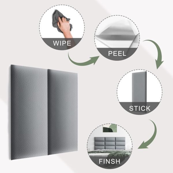 Tbfit Upholstered Wall Mounted Headboard for King Size Bed, Soundproof Peel and Stick Headboards, Tufted Floating Dorm Bed Headboard, Pack of 12 Panels Sized 10” x 24”, Leather Grey - Image 4