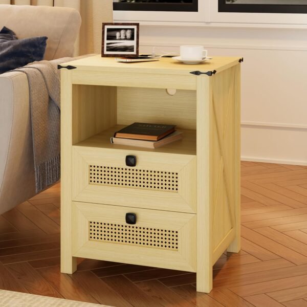 Nightstand with Charging Station, Farmhouse Night Stand with 2 Drawers for Bedroom, Smart Bedside Table with 3 Color LED Light and Human Sensor, Wood Rustic End Side Table, Natural - Image 8