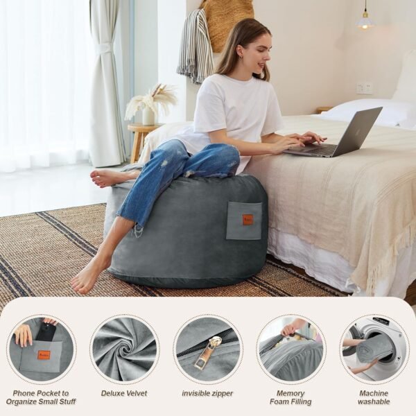 RAINBEAN Bean Bag Chair,Deluxe Velvet Super Soft Lazy Sofa Fur with Memory Foam Filled,Comfortable Adult Bean Bag Chair for Living Room Bedroom College Dorm (28.7in/Grey) - Image 5