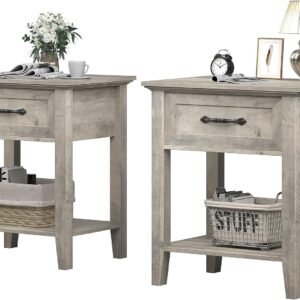 IDEALHOUSE Grey Night Stand Set of 2 with Storage Drawer and Open Shelf, Farmhouse End Side Tables Living Room, Modern Nightstand Bedside Tables for Bedroom