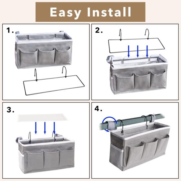 2pcs Bedside Caddy Storage Organizer, Hanging Bag Holder with Pockets for Bedroom, Loft Bed Tent, Bed Curtain, Top Bunk bed Shelf Accessories (Gray) - Image 5
