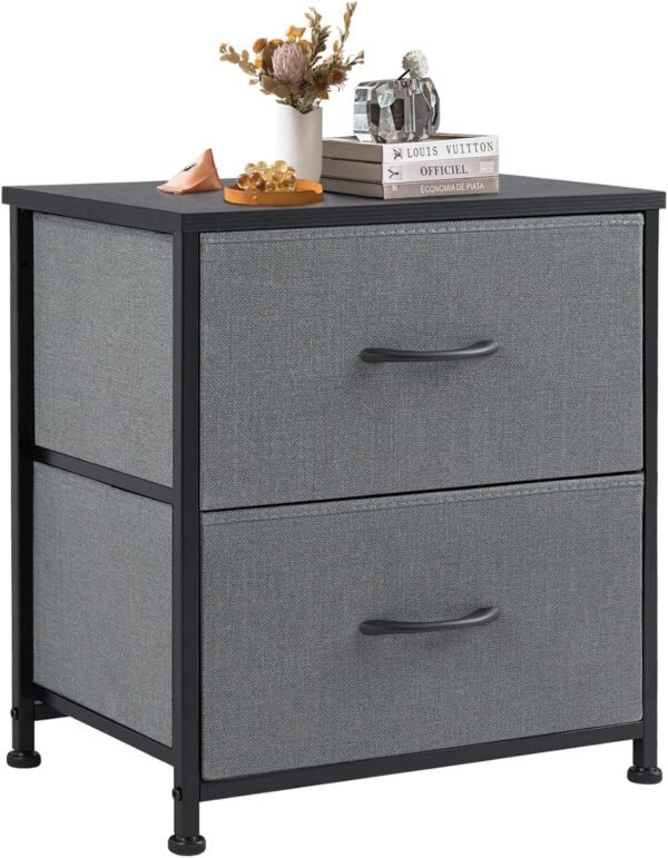 DUMOS Nightstand Small Dresser with 2 Fabric Drawers Side Bedroom End Table Kids Bedside Storage Furniture for 20 inch Tall Night Stand for Closet, Entryway, College Dorm, Grey