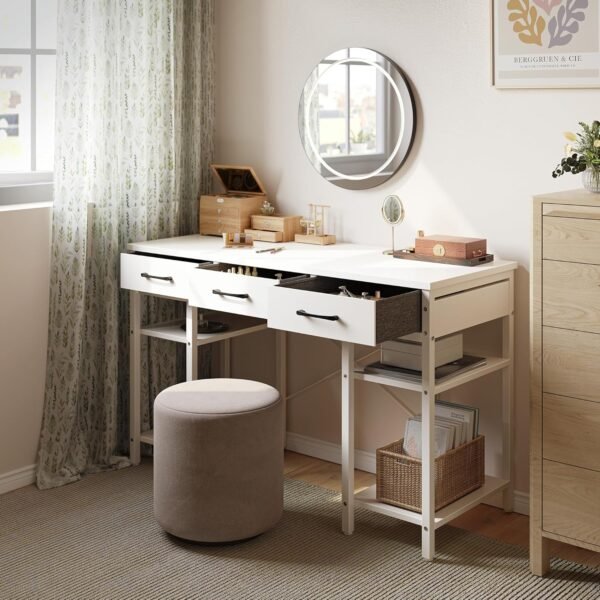 CubiCubi 47 Inch Computer Desk with 3 Drawers and Storage Shelves, Small Home Office Desk, Study Writing Gaming Table, Small Desk for Bedroom, White - Image 4