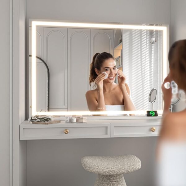 Hasipu Vanity Mirror with Lights, 55" x 36" LED Makeup Mirror, Lighted Makeup Mirror with Dimmable 3 Modes, Touch Screen Control Vanity Mirror Square White - Image 5