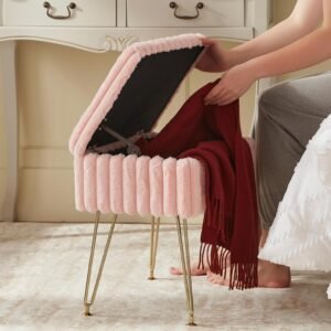 Faux Fur Vanity Stool Chair with Storage, Vanity Stool for Makeup, Foot Stools Ottoman with 4 Metal Legs, Make up Stool Chair, Small Vanity Bench Seat Chairs for Living Room Bedroom