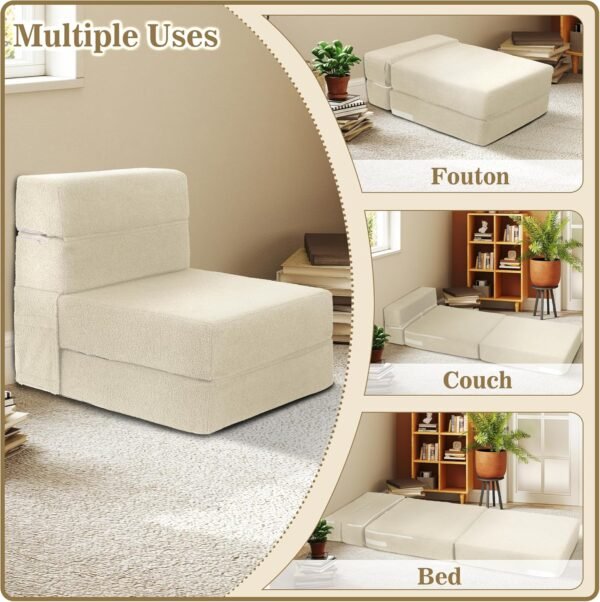 Folding Sofa Bed, Foldable Memory Foam Couch Floor Mattress Futon, Convertible Floor Sleeper Chair with Back Support for Living Room, Bedroom, Guest Room, Lambswool, Beige, Single - Image 4