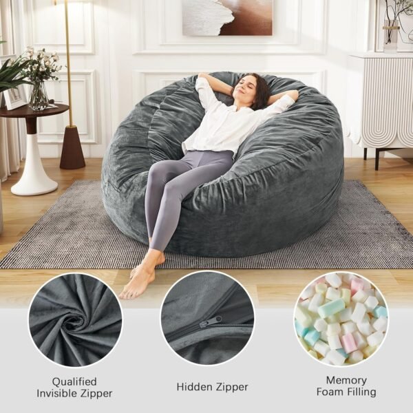 Bean Bag Chairs for Adults - Giant Bean Bag Chair Convertible Bean Bag Bed - Beanbag Chair with Removable Cover/Bean Bag Couch Sofa - Foam Filler Furniture in Bedroom Dorm Room - 5Ft Grey - Image 5