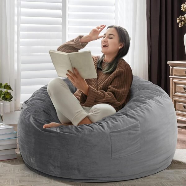 Kromax 3.5 Foot Memory Foam Bean Bag Chair, for Adults, Teens, Kids, Washable Comfy Velvet Suede Cover, Ideal for Dorm, Bedroom, Living Room, Dark Gray - Image 3