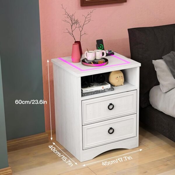 White Nightstand Set of 2 with Charging Station, Smart LED Night Stand Set 2 with 2 Storage Drawers, Farmhouse Wood Bed Side Table End Table with USB Ports and Outlets for Bedroom, Office - Image 3
