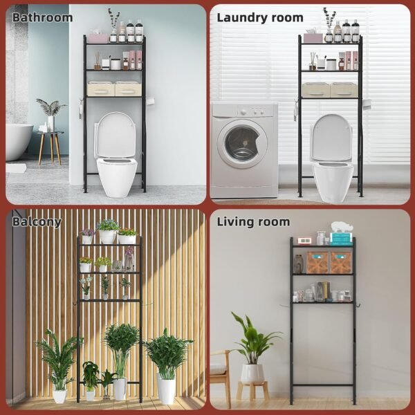 3 Tier Over The Toilet Storage Rack with 2 Basket, Metal Freestanding Bathroom Shelves Toilet with Paper Holder and 4 Hooks, Over Toilet Storage Shelf for Bathroom Storage, Black - Image 7