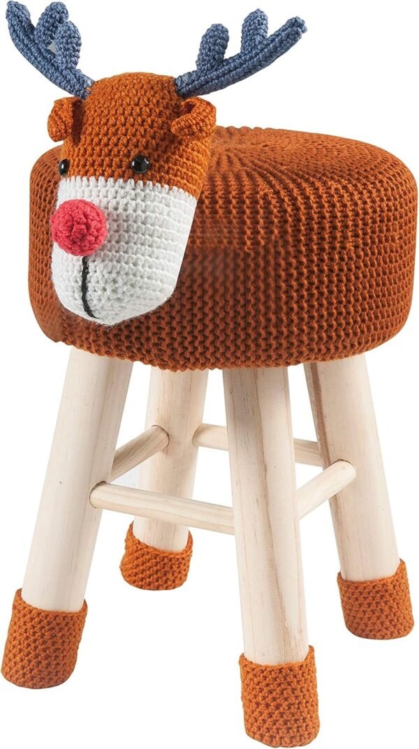 AC Pacific Woodland Deer Stool for Kids, Animal Themed Wooden Ottoman Chair with Soft Plush Fabric, Sturdy Pine Wood Legs, Ideal for Playrooms, Nurseries or Living Rooms, Brown