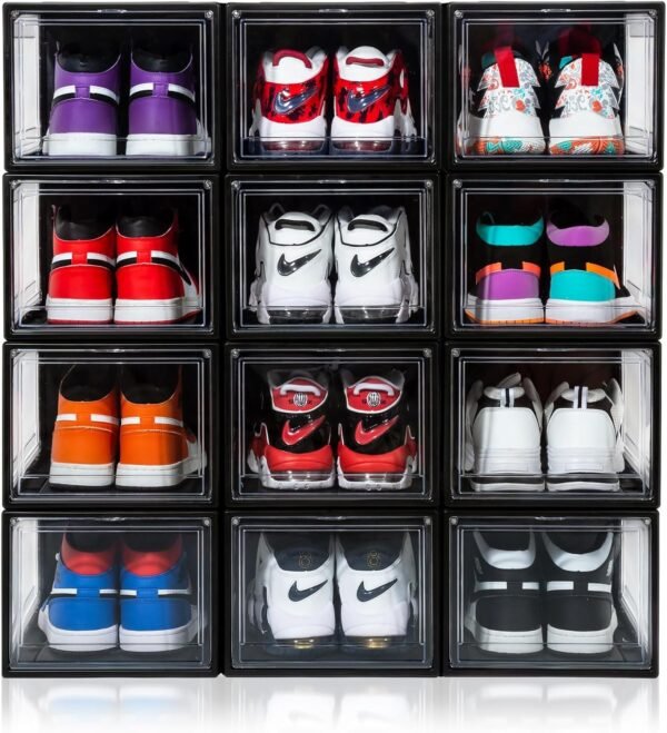 12 Pack Shoe Boxes, Clear Acrylic Plastic Shoe Boxes Stackable, Space-Saving Foldable Drop Front Shoe Storage Boxes Container for With Lids Fits Up to Size 15 (Dark Black)