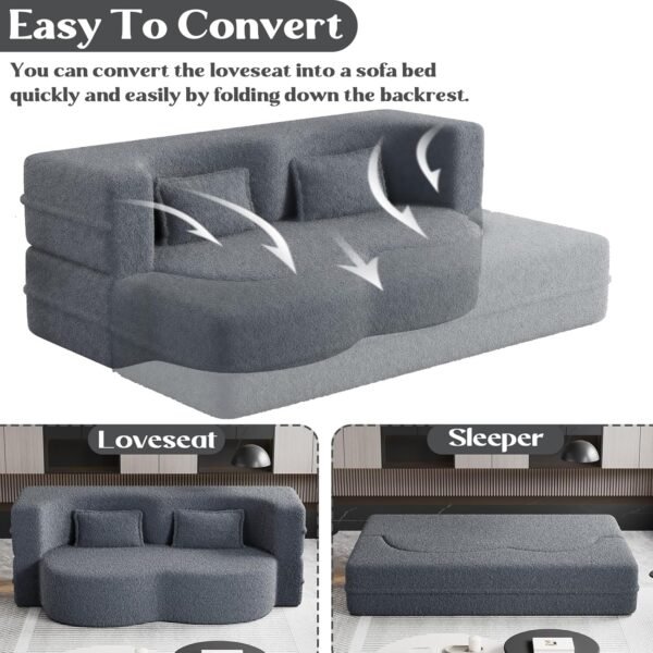 Full Size Folding Sofa Bed, Love Seat Sleeper Bed Floor Sofa Bed with 2 Pillows, Teddy Fabric Fold-Out Twin Sofa Cama & Bed Mattress for Living Room, Apartment, Guest Room, Grey - Image 3