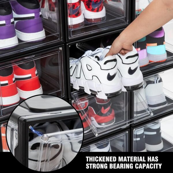12 Pack Shoe Boxes, Clear Acrylic Plastic Shoe Boxes Stackable, Space-Saving Foldable Drop Front Shoe Storage Boxes Container for With Lids Fits Up to Size 15 (Dark Black) - Image 4