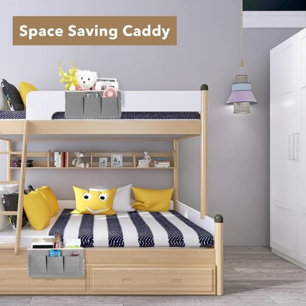 2pcs Bedside Caddy Storage Organizer, Hanging Bag Holder with Pockets for Bedroom, Loft Bed Tent, Bed Curtain, Top Bunk bed Shelf Accessories (Gray) - Image 6