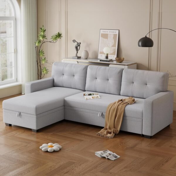L-Shape Sleeper Sectional Sofa 82inch Convertible Lounge Pull Out Couch Bed with Storage Chaise and Tufted Linen Backrest for Home Living Room Apartment Dorm,Light Gray - Image 4