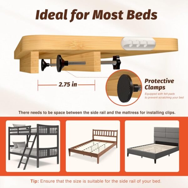 Bedside Shelf for Bunk Bed - Dorm Bed Shelf with Cup Holder, Night Light Socket, and Hook Versatile Bed Shelf for Dorm Room Essentials, Loft Nightstand, and Dorm Bed Storage Solution - Image 4