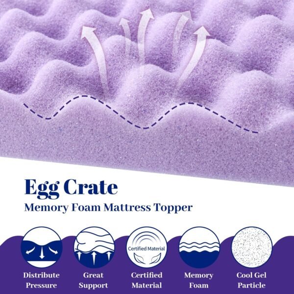 BlissTrends 3 Inch Memory Foam Mattress Topper Queen Size, Extra Thick Plush Mattress Pad, Gel Infusion, CertiPUR-US Certified Mattress Topper for College, Dorm, Bedroom - Purple - Image 2