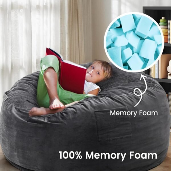 Kromax 3.5 Foot Memory Foam Bean Bag Chair, for Adults, Teens, Kids, Washable Comfy Velvet Suede Cover, Ideal for Dorm, Bedroom, Living Room, Dark Gray - Image 4