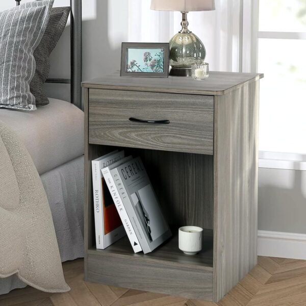 VOWNER 2 PCS Grey Nightstand with Drawer and Storage Shelf, Bedside Table End Tables, File Cabinet Storage with Sliding Drawers and Shelf for Bedroom - Image 2