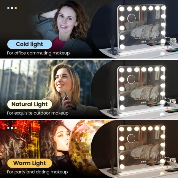Vanity Mirror with Lights, 23"×18" Hollywood Vanity Mirror with Lights 15 Dimmable LED Bulbs, 3 Color Modes, 10X Magnification, USB Charging Port, Tabletop or Wall-Mounted (White, 23 * 18) - Image 2