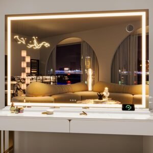 Hasipu Vanity Mirror with Lights, 55″ x 36″ LED Makeup Mirror, Lighted Makeup Mirror with Dimmable 3 Modes, Touch Screen Control Vanity Mirror Square White