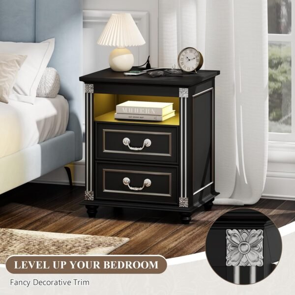 20 Inch Nightstand with Charging Station, End Table with 2 Drawers Storage, Side Table w/Open Shelf, Bedside Table for Bedroom, Living Room, Vintage Black - Image 8