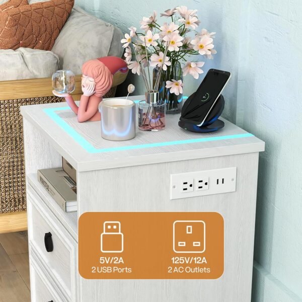 White Nightstand Set of 2 with Charging Station, Smart LED Night Stand Set 2 with 2 Storage Drawers, Farmhouse Wood Bed Side Table End Table with USB Ports and Outlets for Bedroom, Office - Image 5