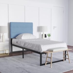 EMMA + OLIVER Gannon Twin Headboard – Blue Fabric Upholstery – Adjustable Height – Assembly in 30 Minutes or Less – Suitable for Most Bed Frames (Not Included)