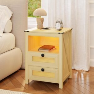 Nightstand with Charging Station, Farmhouse Night Stand with 2 Drawers for Bedroom, Smart Bedside Table with 3 Color LED Light and Human Sensor, Wood Rustic End Side Table, Natural