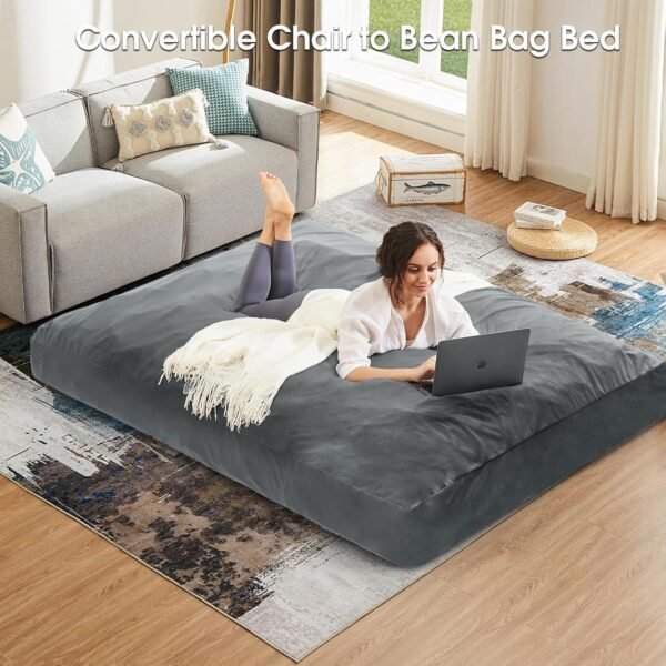 Bean Bag Chairs for Adults - Giant Bean Bag Chair Convertible Bean Bag Bed - Beanbag Chair with Removable Cover/Bean Bag Couch Sofa - Foam Filler Furniture in Bedroom Dorm Room - 5Ft Grey - Image 4