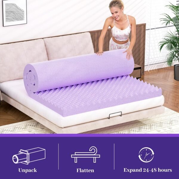 BlissTrends 3 Inch Memory Foam Mattress Topper Queen Size, Extra Thick Plush Mattress Pad, Gel Infusion, CertiPUR-US Certified Mattress Topper for College, Dorm, Bedroom - Purple - Image 6
