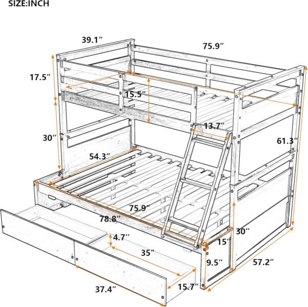 Merax Twin Over Full Bunk Bed, Wood Bunk Bed with Removable Ladders and Two Storage Drawers, Convertible into Two Individual Beds (Grey) - Image 2